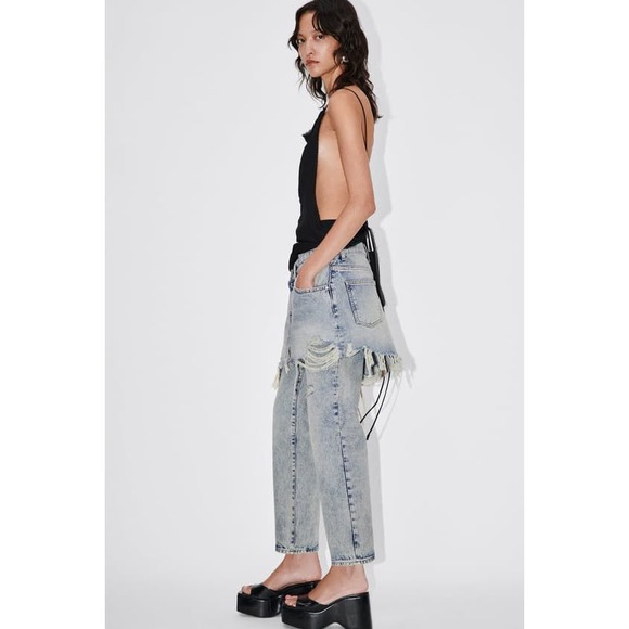 Zara Blue Distressed Straight Leg Jeans - Picture 5 of 5